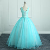 Adorable Light Blue Tulle with Flowers Floor Length Ball Gown Formal Dress, Blue Sweet 16 Dresses